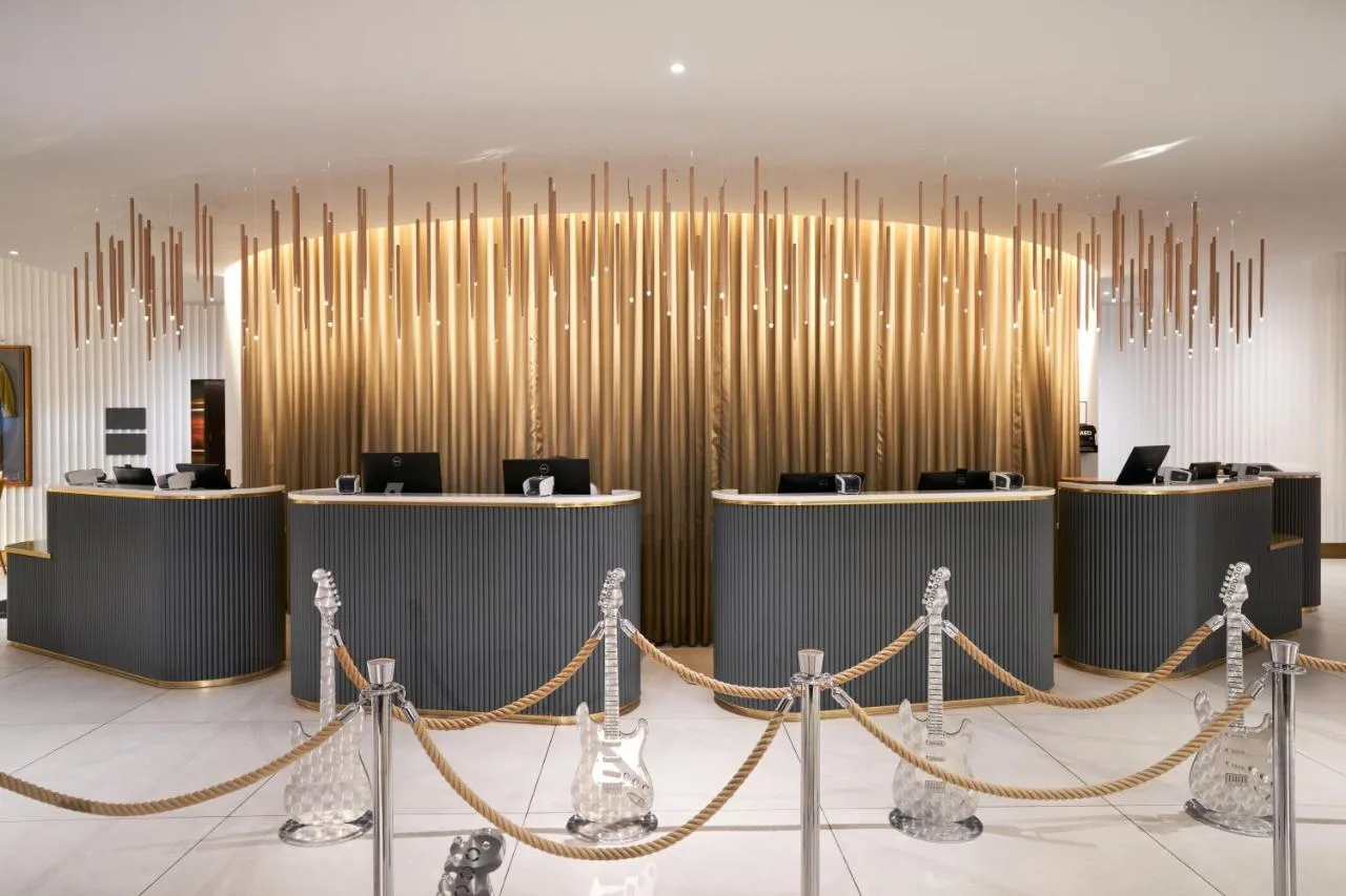 A large lobby with wooden dividers at The Cumberland, London